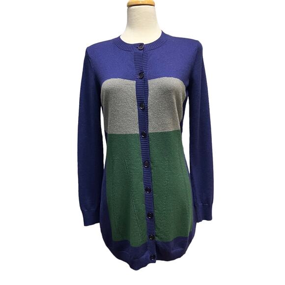 Ports 1961 Sweater Dress Cardigan Tunic Sz L Merino Wool Navy Colorblock Classic - Picture 1 of 9